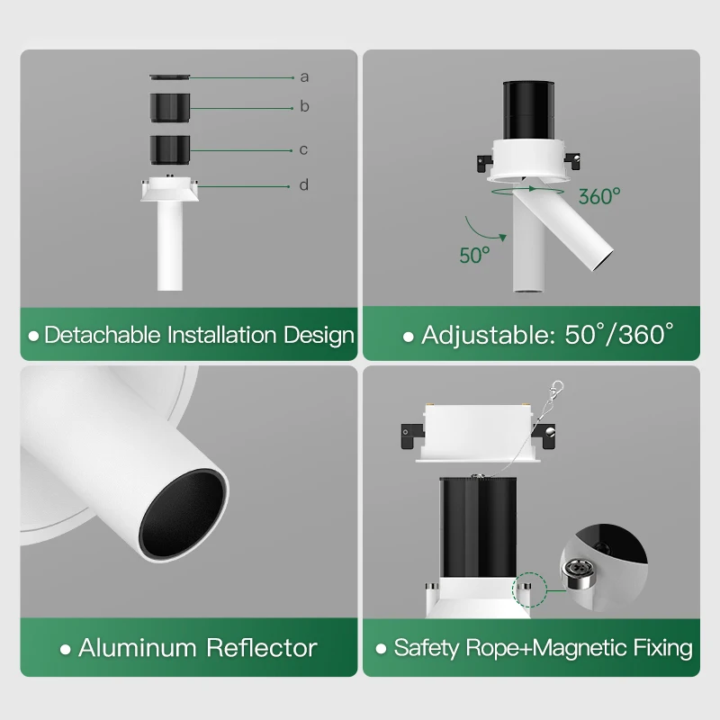 XRZLux Recessed Ceiling COB Downlight 8W Aluminum Anti-glare Dimmable LED Spotlight Stretchable Adjustable ETL Spot Light