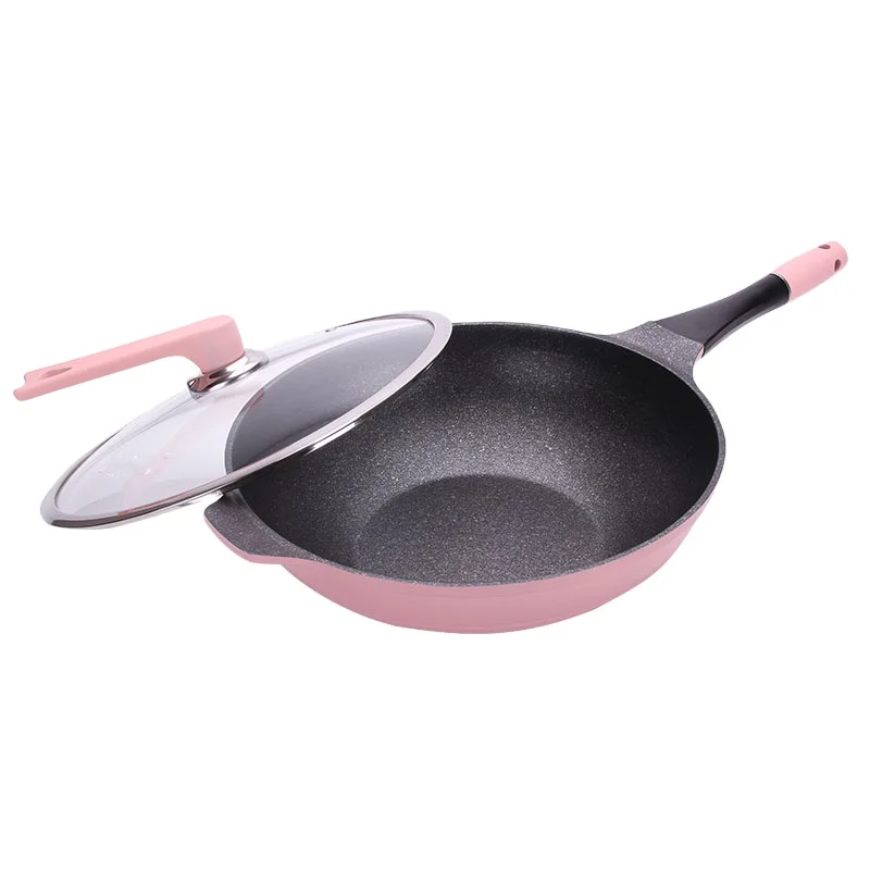 Wholesale price 32CM High Temperature non-stick Frying pink Aluminum Pan suitable for gas stove and induction