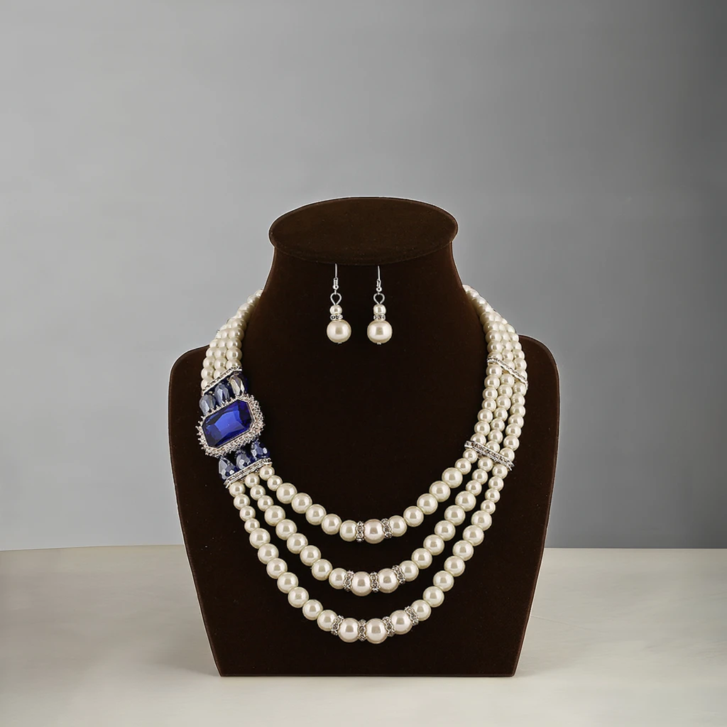 rectangle crystal pearl necklace and earring 3 rows pearl necklace women artificial jewelry