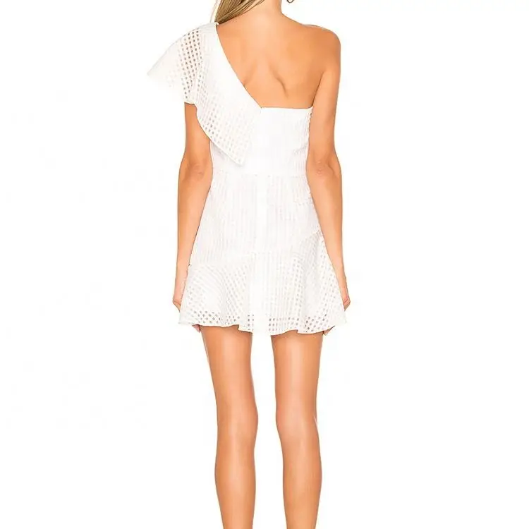 White Party Dress Mesh Ladies Fashion One Shoulder Ruffles Detail Mini Dress