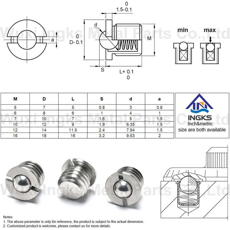 INGKS Stubby Stainless Steel Carbon Steel Slotted Flanged Head Spring Ball Screw Ball Plunger