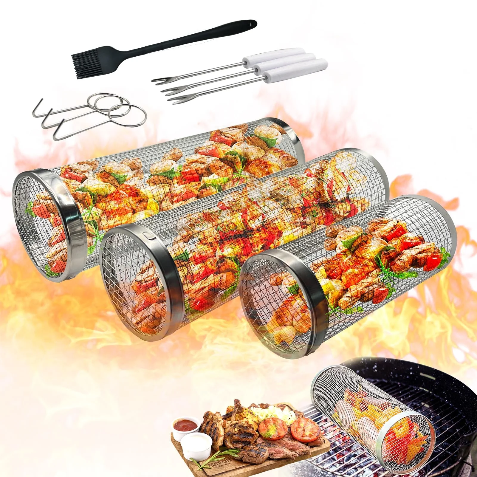 Solid Cylinder Portable Stainless Steel New Round Net Tube Bbq Rolling Grilling Baskets For Outdoor Grilling