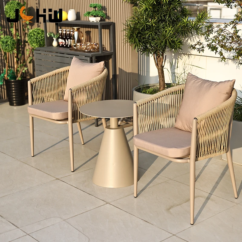 2024 hot sell woven rope outdoor stackable aluminum frame metal patio garden dining chair with waterproof cushion