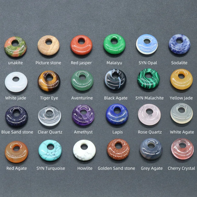 18mm Natural Crystal Agate Side Big Hole Peace Buckle Pendant Charm Disc Donut Lucky Coin Stone Pendant for DIY Jewelry Making