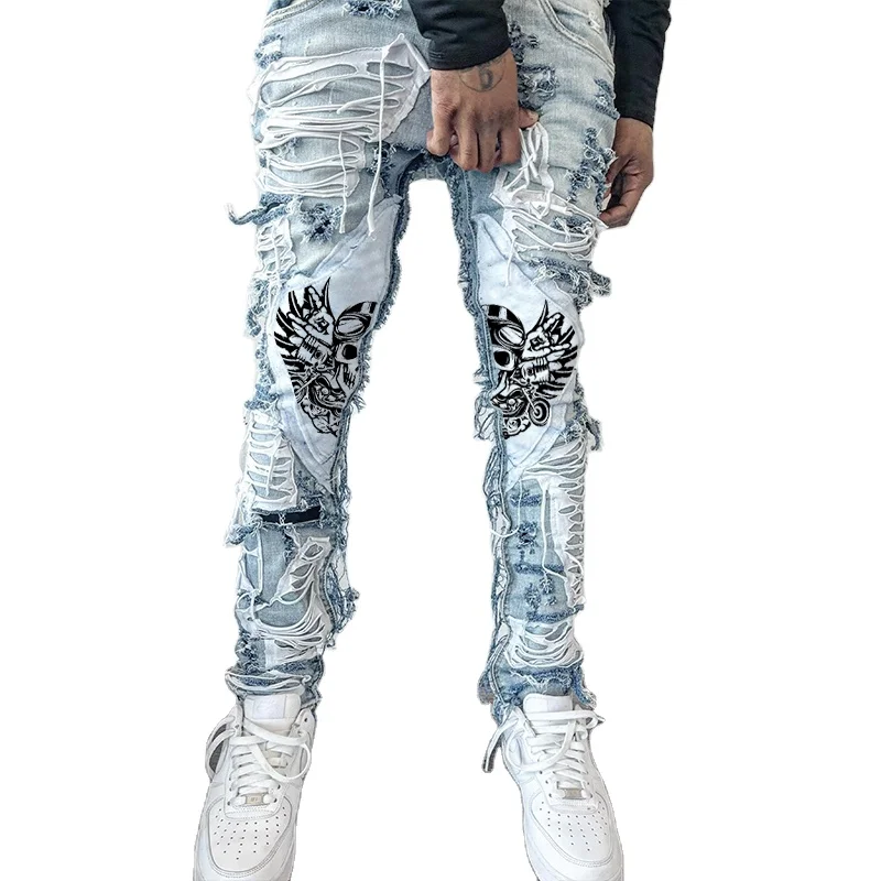 DIZNEW Jeans manufacturer China wholesale high quality light blue embroidered skinny jeans trousers for men