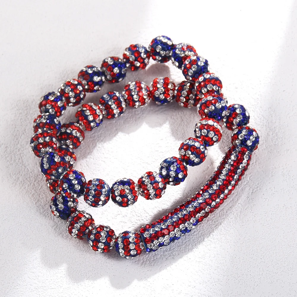New Fashion 10mm Shiny American Flag Rhinestone Soft Clay Ball Elastic 2pcs Bracelet Set American Independence Day Jewelry