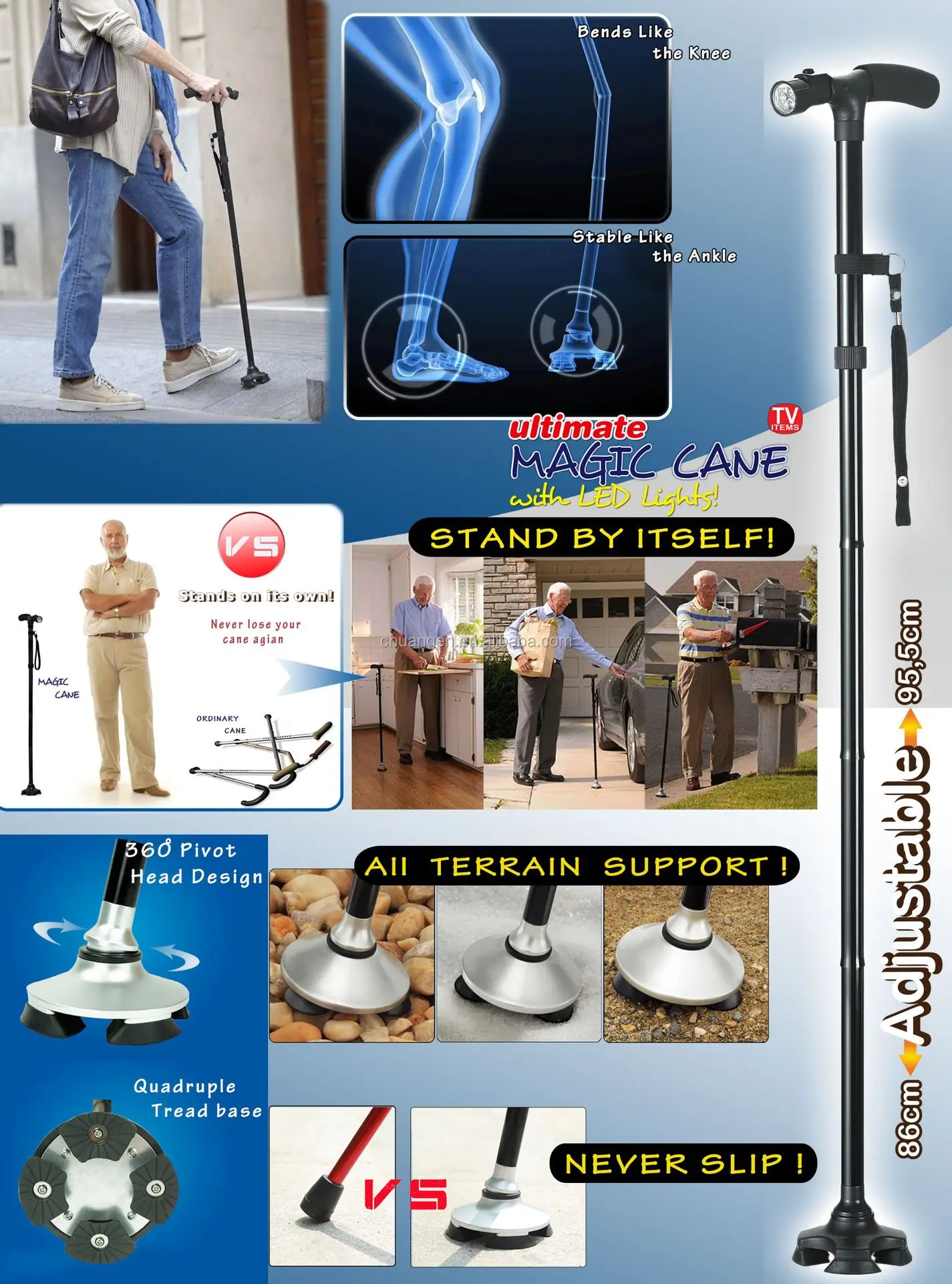 Aluminum Alloy Folding Collapsible Telescopic Smart Cane Walking Stick with Led Light for Old