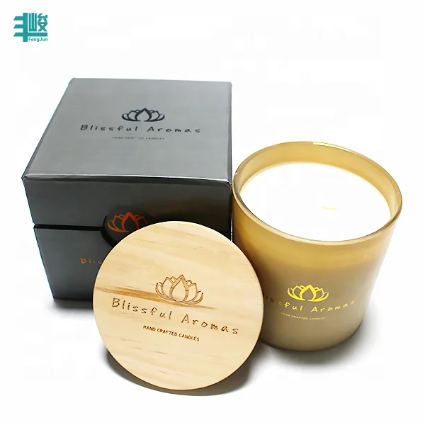 FengJun luxury matte black and Frosted glass candle jar with wood lid custom LOGO spray decal candle vessels with lid
