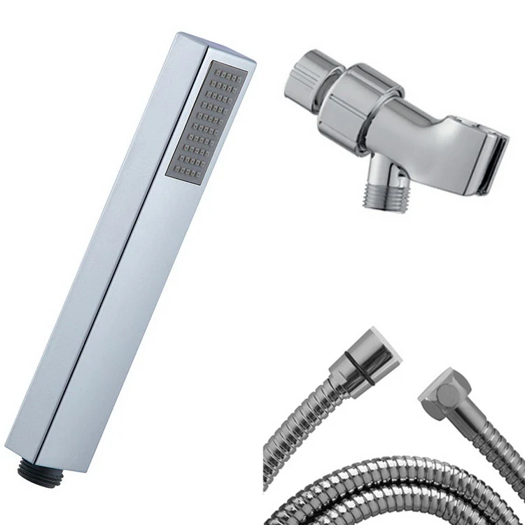 Chrome Single Function High Pressure Hand Shower Stick Square Shower Head Set With Shower Bracket And 1.5m Hose