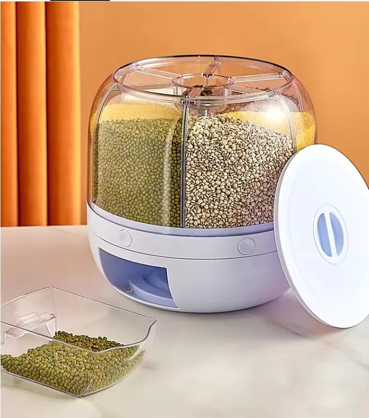 Hot Sale Rice Dispenser Kitchen Moisture-Proof 6-Grid Rotating Food Grain Dispenser Cereal Storage Box Rice Container Dispenser