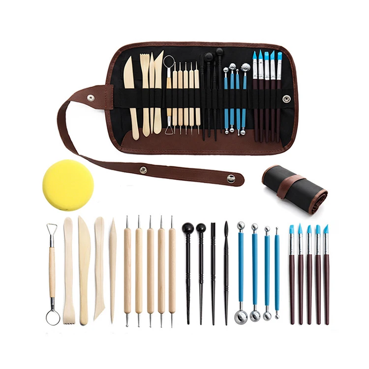 24pcs Carving Modeling Kit Ceramic Pottery Clay Sculpting Tools Dual-End Dotting Clay Tool With Canvas Case