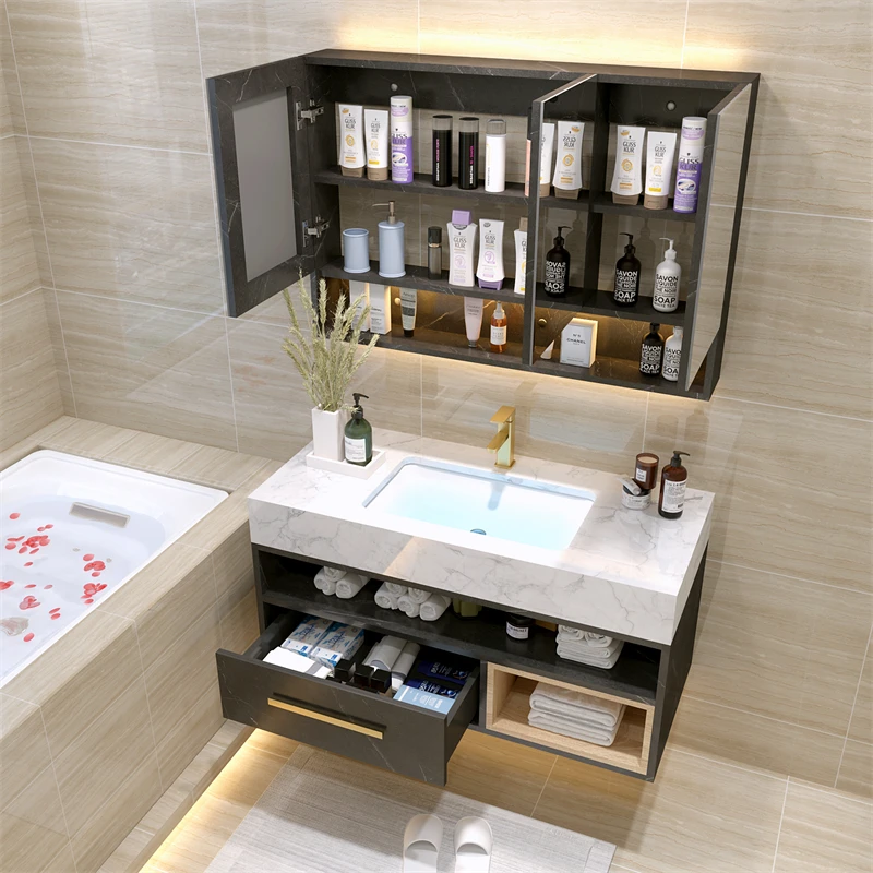 High quality MDF/ PVC/ Plywood vanities floor storage bathroom cabinet furniture with led mirror