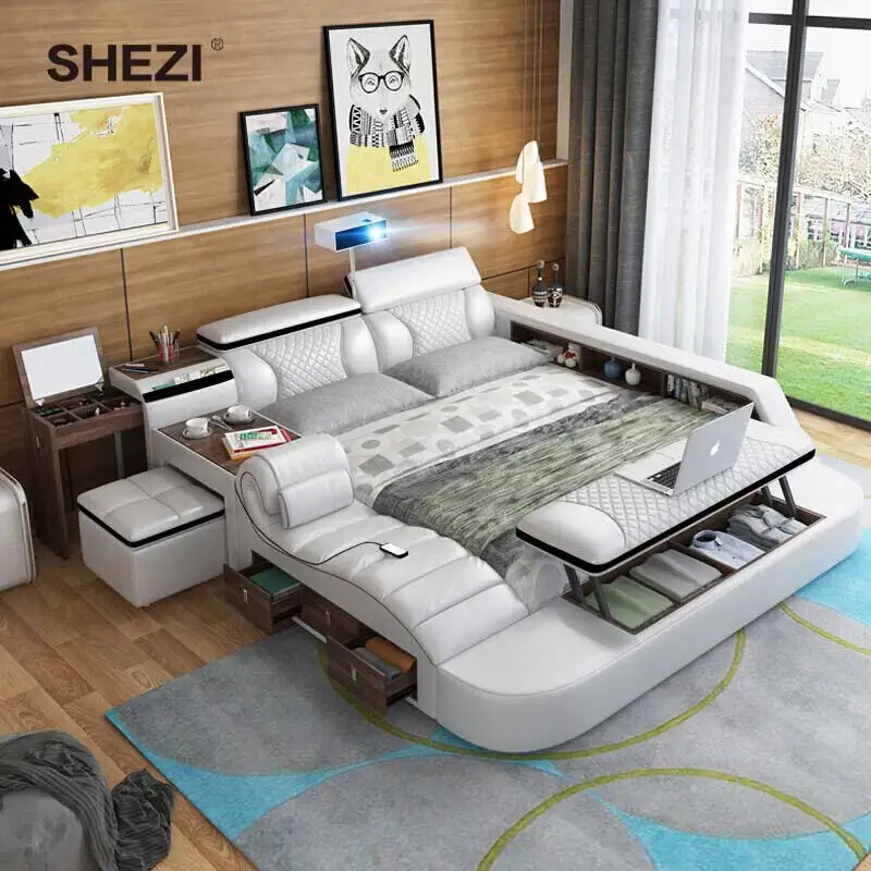SHEZI Best Price Of Luxury Leather Smart Bed Set Modern Minimalist Double Bed with Multi-functional for Master Bedroom Bed Sets