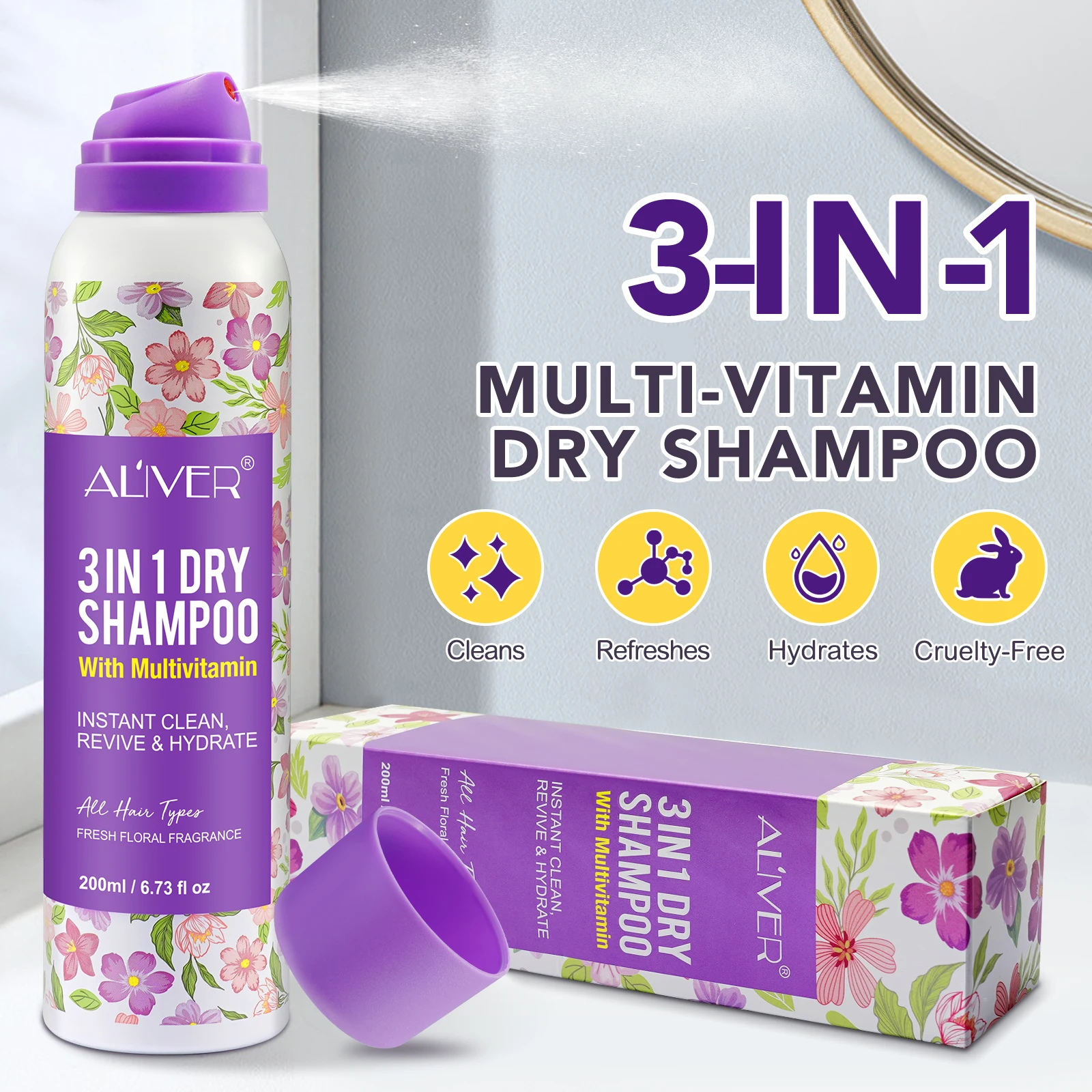 ALIVER 3 In 1 Multivitamin Dry Shampoo Spray Powder Natural Argan Oil Fresh Floral Fragrance Dry Hair Shampoo Spray For Women