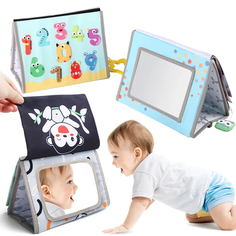 Infants Montessori sensory toy calendar soft crinkle 6 pages cloth book high contrast activity mirror book for baby tummy time