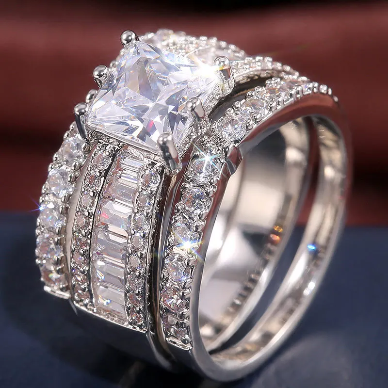 CAOSHI 2020 New Design Luxury 3 pcs Silver Ring Bridal Jewelry Engagement Wedding Ring Set for Women