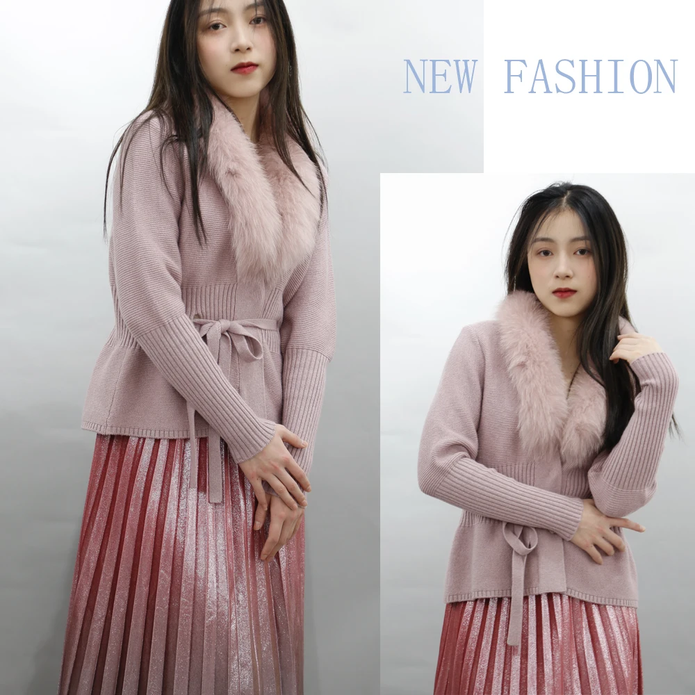New Arrival Wool Blended Ladies Knit Belted Short Cardigan With Fur Collar