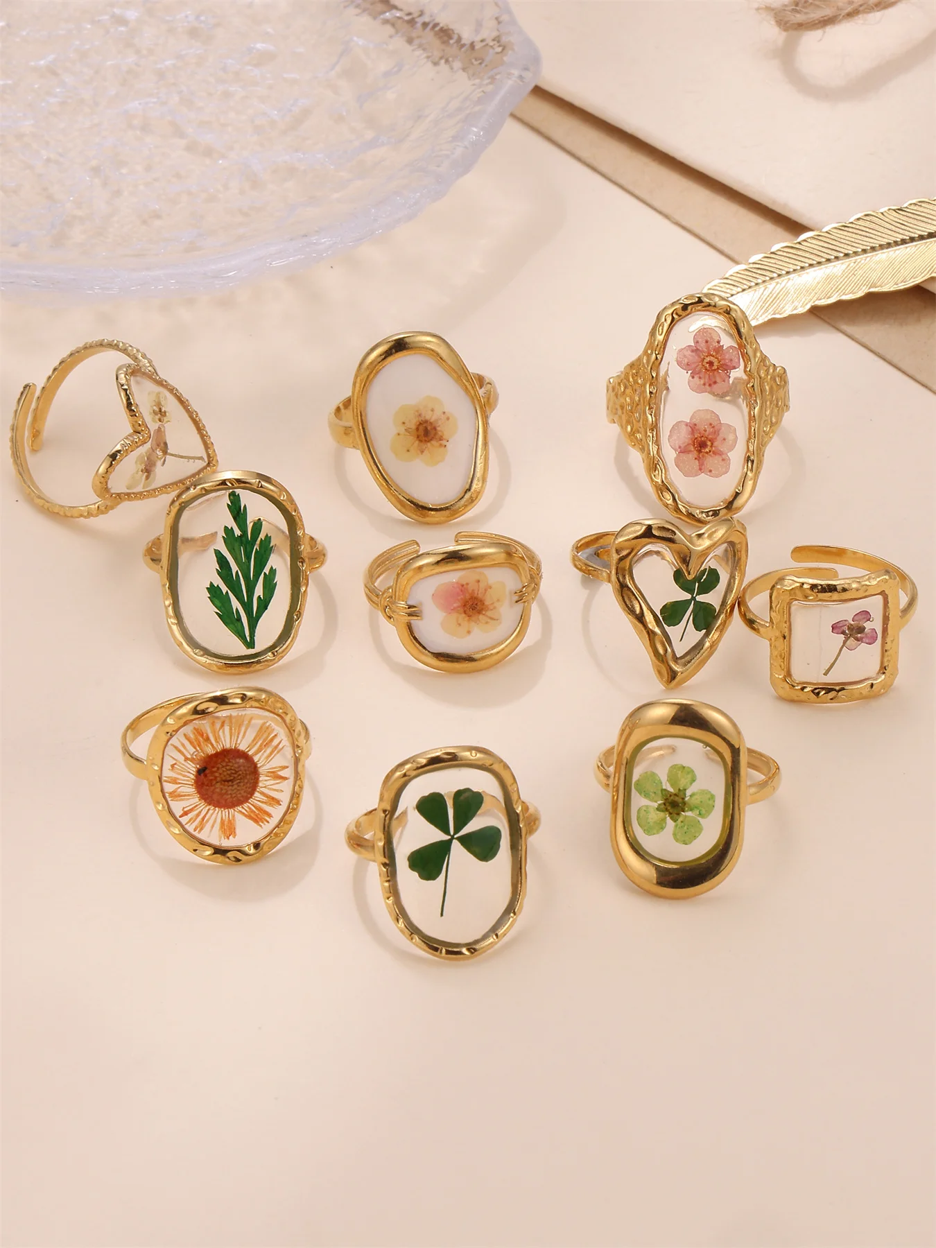 Vintage Kinds Of Flower Ring Real Flowers And Plants Fashion Jewelry Rings Lady Women Stainless Steel 18k Gold Plated Rings