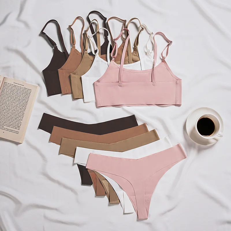 BPD108  New 5 Colors One Piece Seamless T-shaped Sports Underwear Set Ice Silk Nude Women Bra And Panties Sets