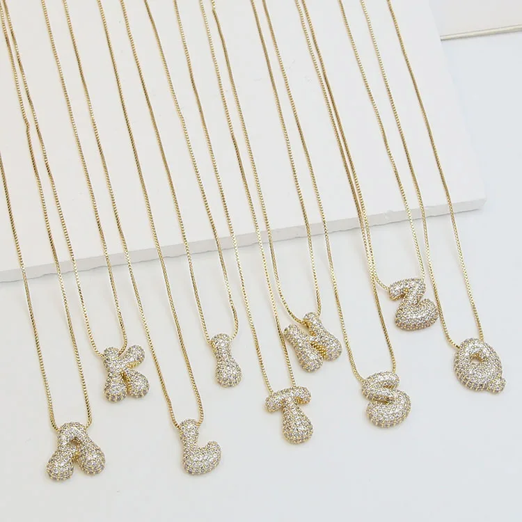 NZ1586 18K Gold Plated Relaxed Iced Out CZ Paved Studded Diamond Bubble Puffy Puff Letter Initial Charm Chain Necklace for Women