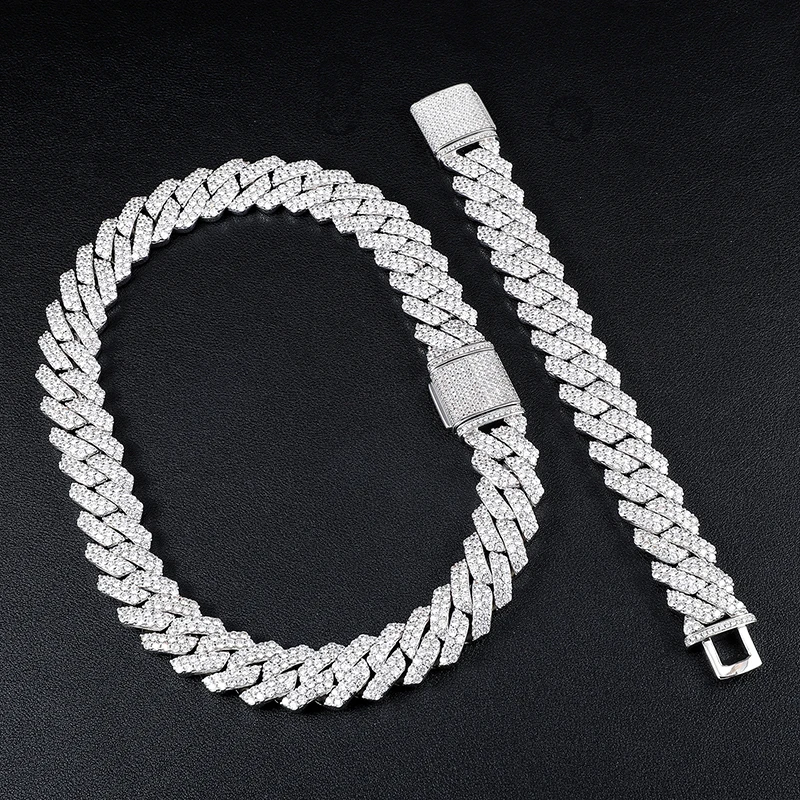 19mm Hip Hop CZ Copper Prong 2 Cow Zircon White Gold Plated Full of Diamond Chain Iced Out Cuban Link Chain Necklace Jewelry