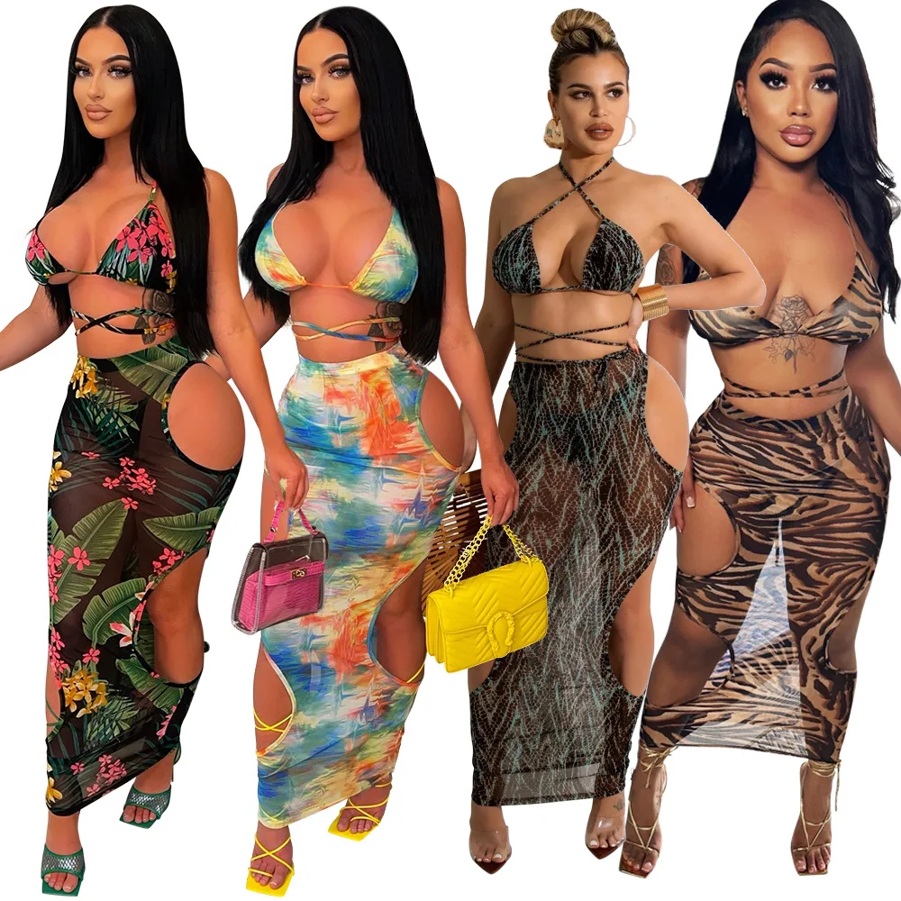 Printed mesh see-through hollow three-piece night wear sexy women club long skirts set women summer beachwear bikini 3 piece