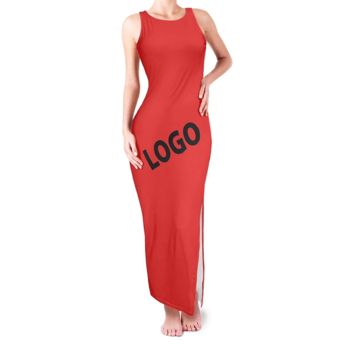 Print On Fashion Product Round Neck Double Slit Sundress Demand Highlight The Waist Curve Show Perfect Figure Elegant Lady Dress