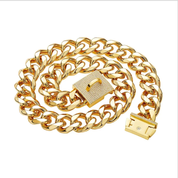 Fashion 23MM Buckle Gold Stainless Steel Dog Chain Collar With Rhinestone Dog Necklace Collar