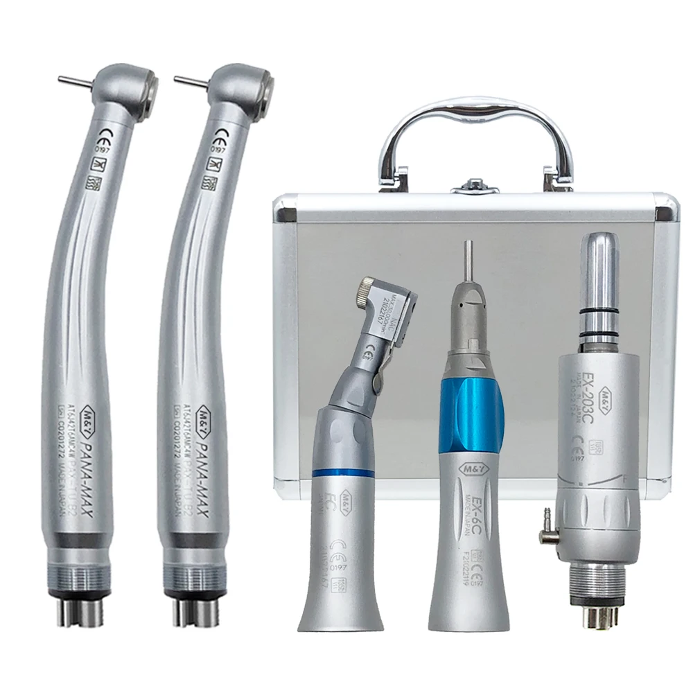Dental High and Low Speed Air Turbine Handpiece Kit 2pcs Pana Max1 Push Button Handpiece+203C Set Contra Angle Motor Straight