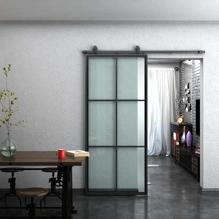 Loft style silent sliding steel frame black glass door partition doors