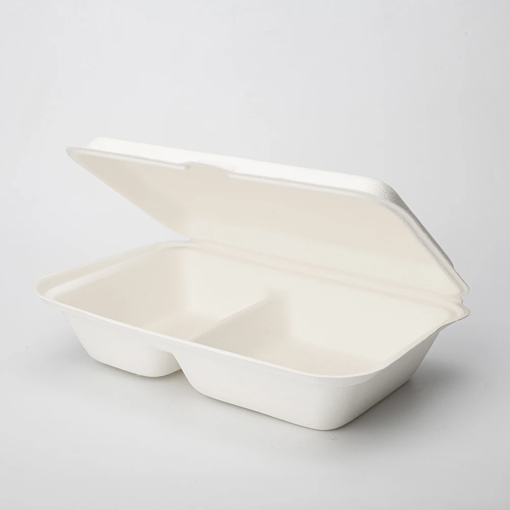 Eco-friendly Biodegradable Sugarcane Bagasse Pulp Molded Clamshell Lunch Boxes For Fast Food Take Away