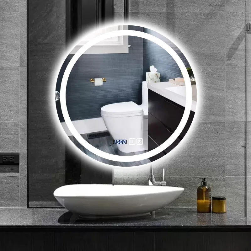 Screen Touch Control Bathroom Mirror LED Lighted Anti-fog Explosion-proof Round Mirror for Hotel Home adjustable light