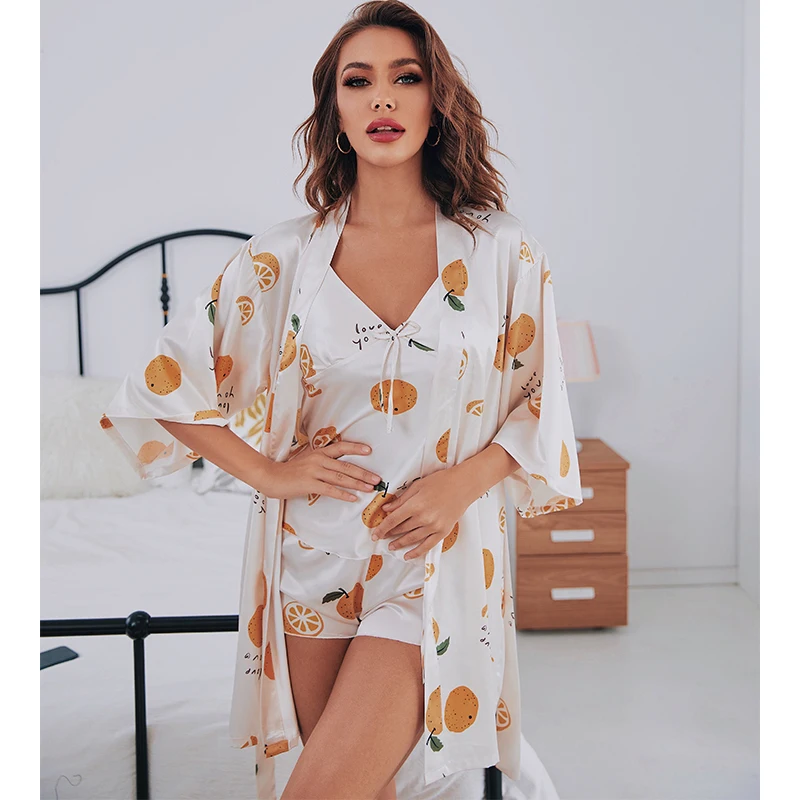 Customized Printed Wholesale Satin Silk Robe Sexy 3 Pcs Ladies Sets Bathrobe Sleepwear for