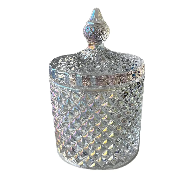 Crystal Diamond Lon Plating Geo Cut Glass Candle Jar with Glass Lid for Tealight Candle Home Decoration Wedding Party