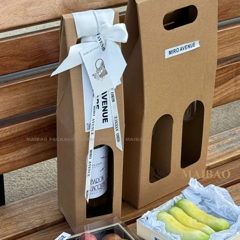 Custom Luxury Champagne Wine Kraft Bag Two Bottles Window Brown Kraft Paper Black Bag With Ribbon Satin Bow Tie Die Cut Handle