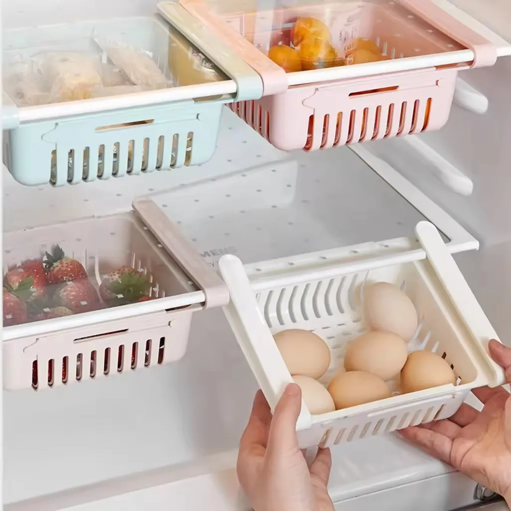 Customized Logo Retractable Refrigerator drawer storage rack Refrigerator Basket Space Saver Shelf Holder