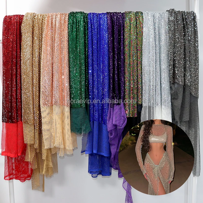 N005 New Arrival 6mm Square Rhinestone Crystal Mesh Fabric Spandex Net Mesh Crystal Rhinestone Fabric Purple