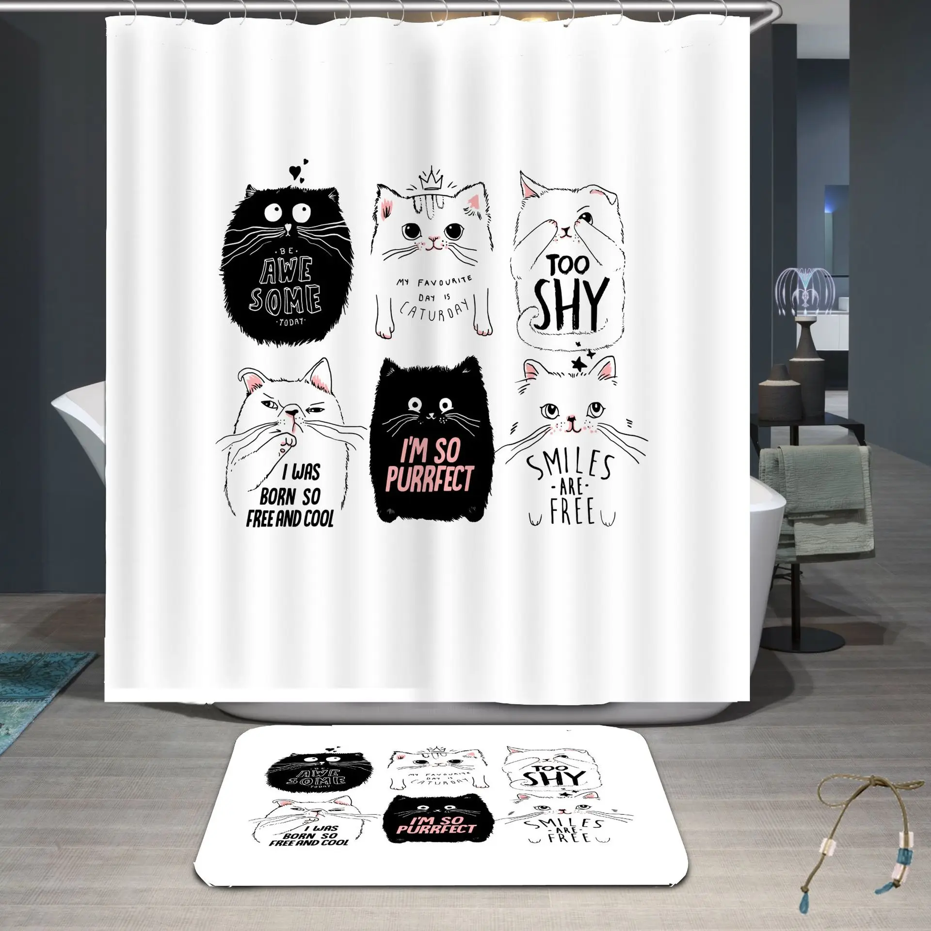 The 100% Polyester 3D Digital Printed Cartoon Cat Shower Curtain from China