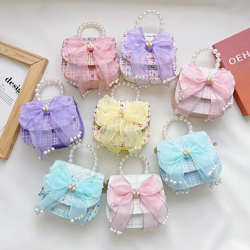 Fashion Baby Girls Pearl Bow Crossbody Bags Cute Children Pearl Handbags Toddler Kids Mini Purse