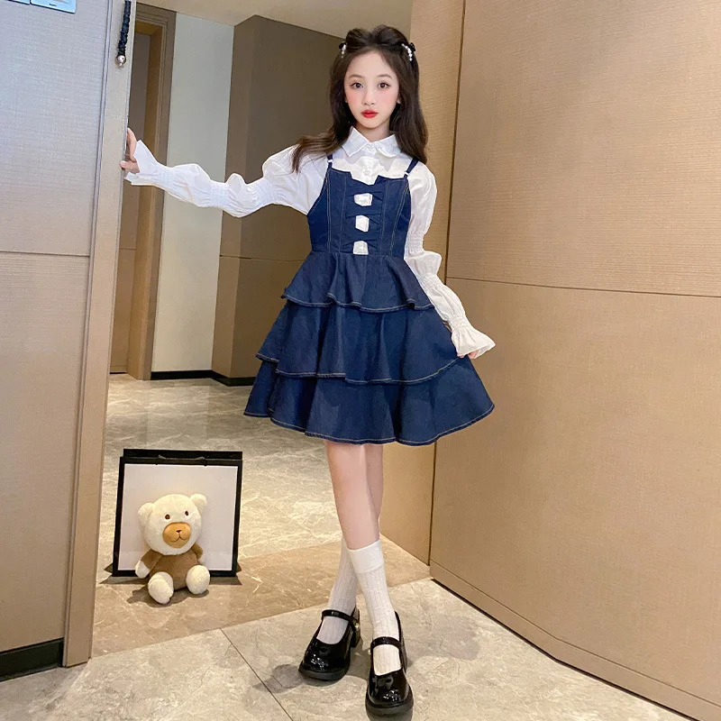 2023 New Fall Teenagers Girls Back to School Outfits Set White Solid Long Sleeved Blouse + Ruffle Denim Jumper Dress 2pcs