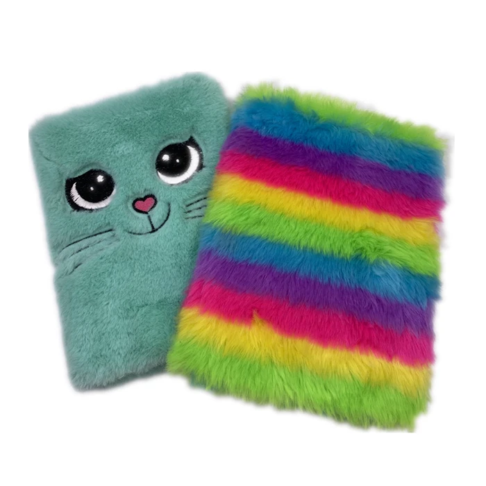 
New gifts small busines ideas custom logo A5 hardcover fur covered fluffy journals cute cat plush diary notebook for girls 