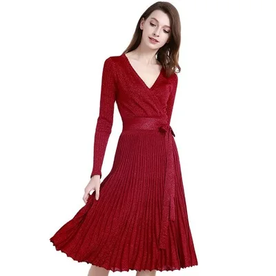 LLDRESS  Sexy Elegant V Neck Long Sleeve Knitting Ladies Women Bright Silk Pleated Dress Skirt