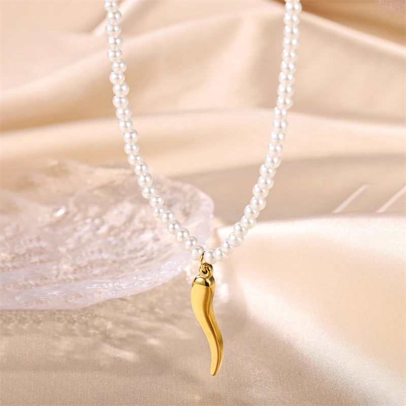 Fashion Pearl Beads Small Pepper Necklace Stainless Steel 18K Gold-Plated Pendant Necklace
