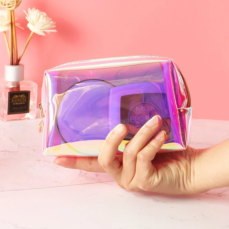 Custom Waterproof PVC Glitter Transparent Toiletries Bag Clear Vinyl Translucent Makeup Pouch Holographic Cosmetic Travel Bag
