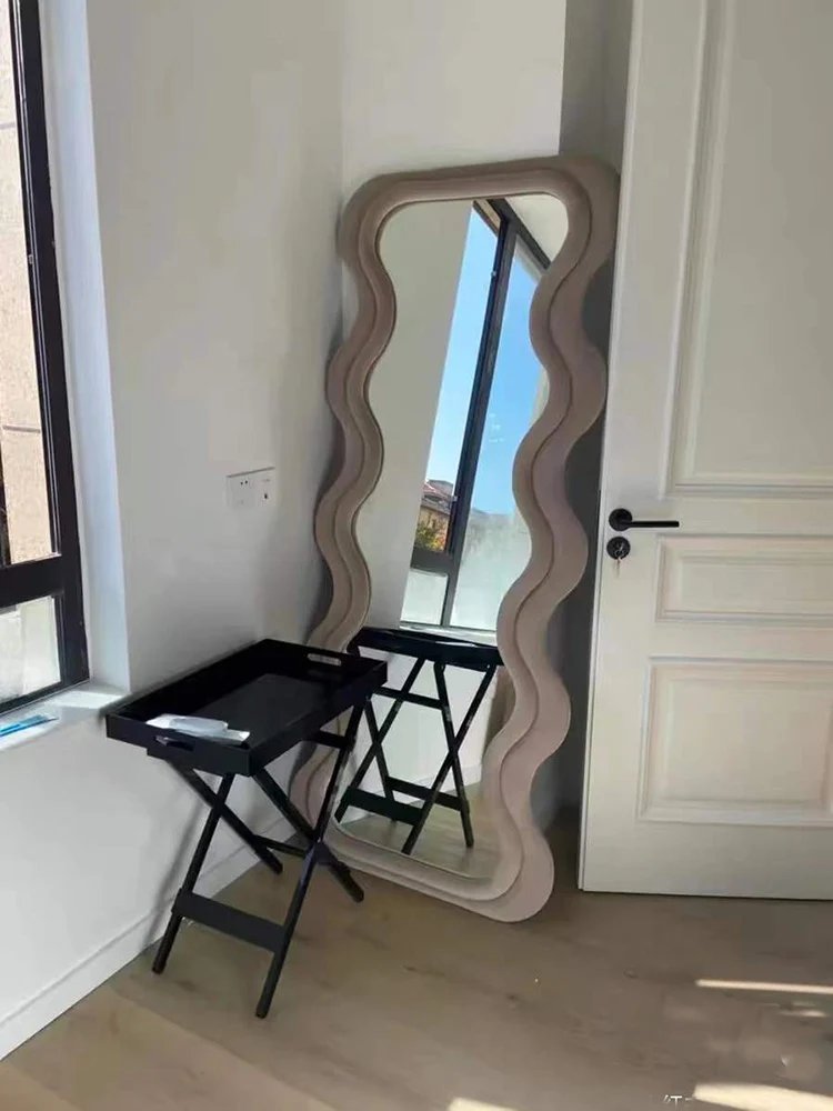 Hot sale  Ins Wave Shape Plastic Frame Bedroom Full Length Mirror Cafe Living Room Long Decorative Standing Mirror