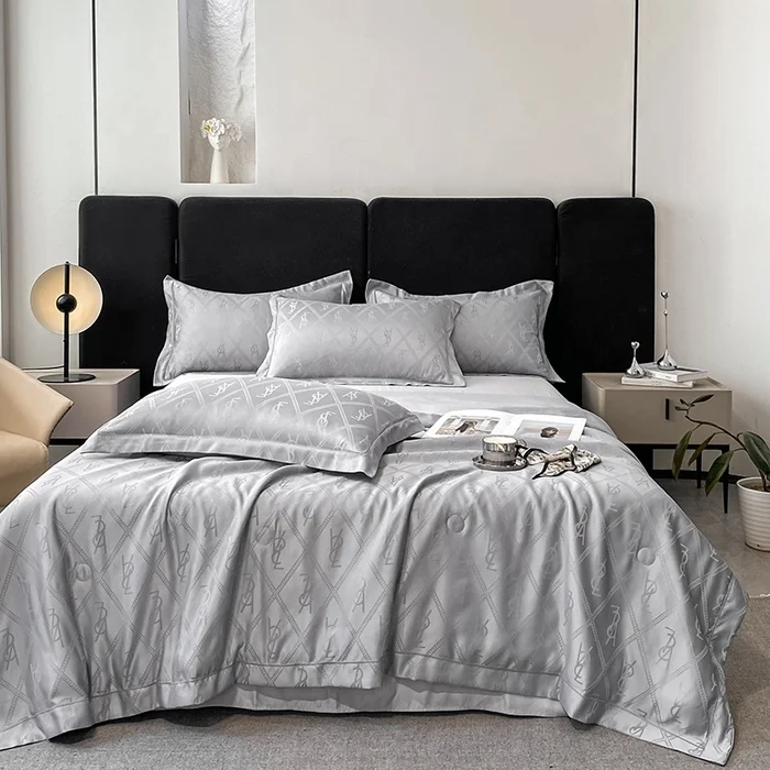 Luxury Brand Washed Tencel Quilt Sets for Summer Solid Silk-like Letter Striped Bedding Quilts King Queen Size 4-in-1