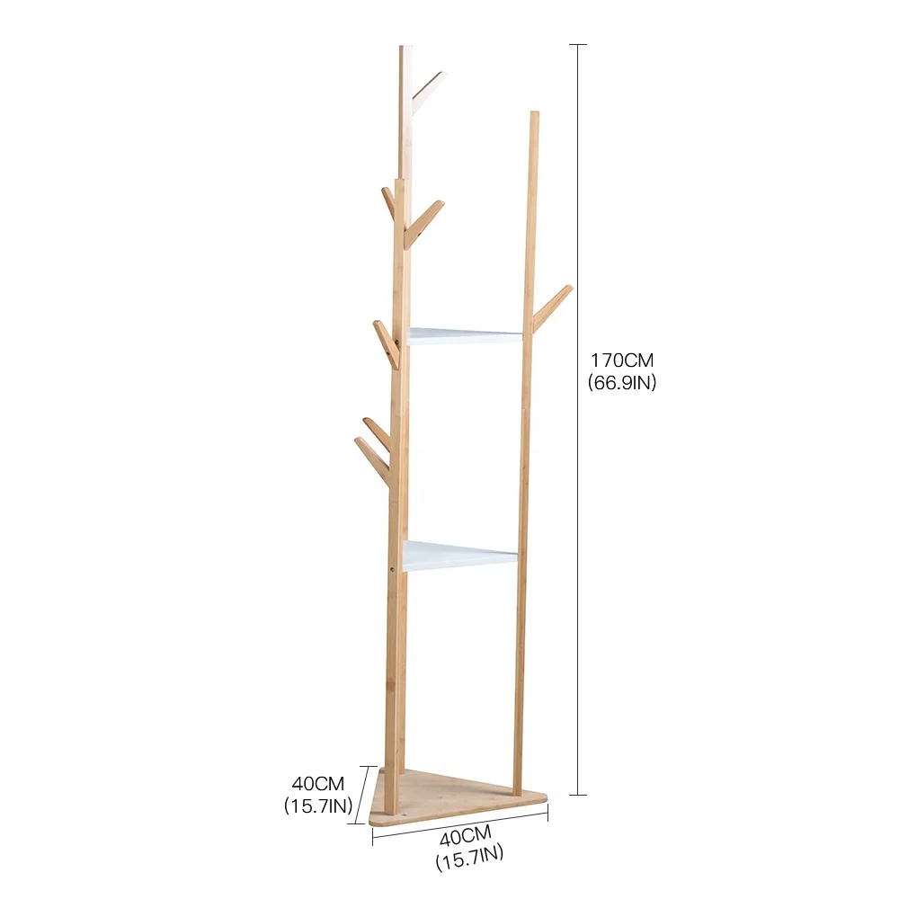 Hot selling nordic simple floor indoor standing bamboo garment coat clothes hanger rack with shelf