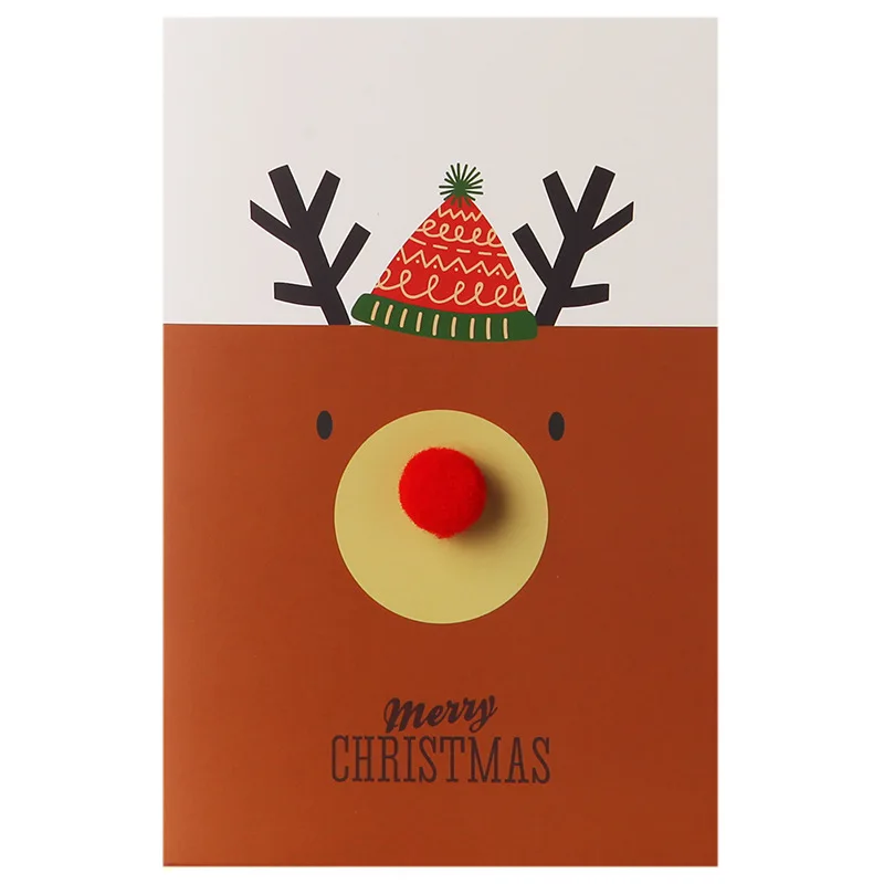 Wholesale Custom Printing Logo  3D woolly Red Nose Christmas Moose Elk Wishing Gift Paper Greeting Card