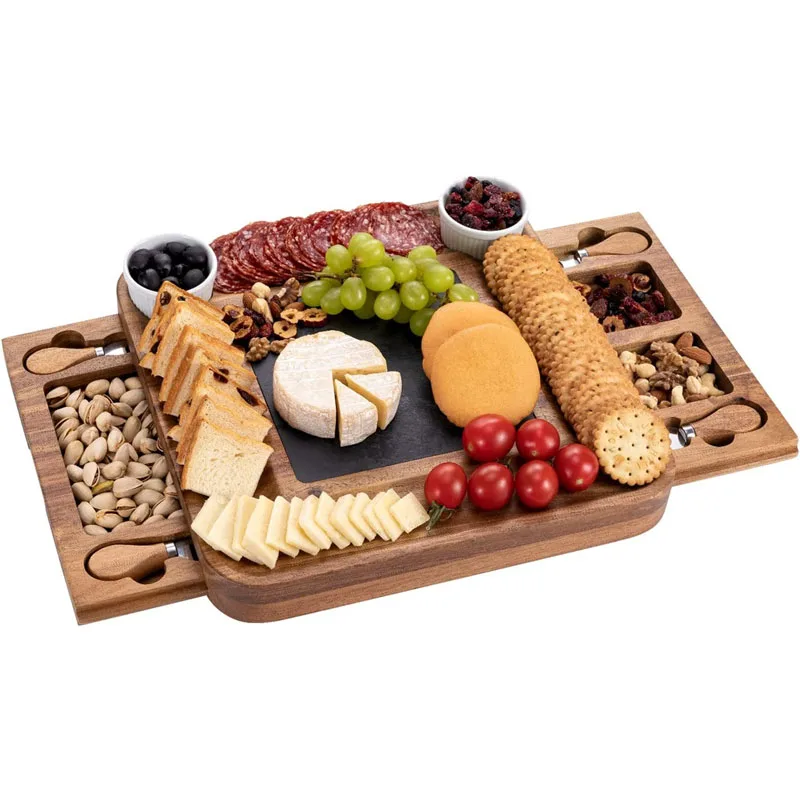 Hot Sales Square Acacia Wood Charcuterie Cheese Board with Stainless Cutlery and Slide-Out Drawer