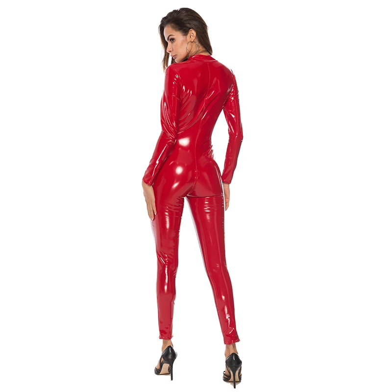 Sexy Hot Women Catsuit PVC Latex Bodysuit Front Zipper Open Crotch Jumpsuits Stretch Bodystocking Erotic Costumes